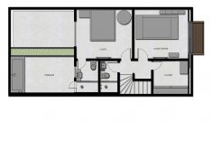 O primeiro andar concentra a área íntima da casa, com duas suítes, closet e acesso ao terraço.